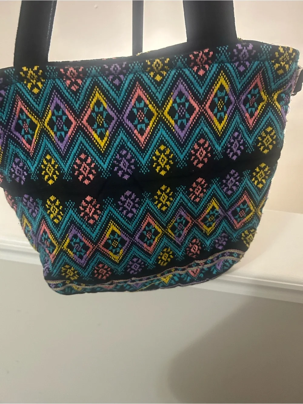 Boho Diamond-Embroidered hobo-style Bag - Black with Teal, Pink & Yellow Accents